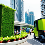 **Image Prompt 1: Urban Green Tech Ecosystem in Malaysia**
    A vibrant, modern Malaysian cityscape (e.g., Kuala Lumpur or Johor Bahru) showcasing seamlessly integrated green technologies. In the foreground, sleek, smart waste bins with digital interfaces or glowing sensors indicate fill levels, being efficiently managed by a silent, futuristic electric waste collection vehicle. Buildings in the background feature lush vertical gardens, rooftop solar panels, and large windows promoting natural light. A diverse group of Malaysian people, including families and professionals, are seen enjoying the clean, green urban environment, perhaps near an aquaponics display or a communal green space. The overall atmosphere is bright, optimistic, and highlights sustainable living in a smart city.