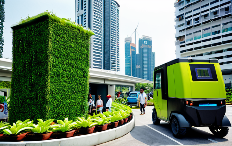 **Image Prompt 1: Urban Green Tech Ecosystem in Malaysia**
    A vibrant, modern Malaysian cityscape (e.g., Kuala Lumpur or Johor Bahru) showcasing seamlessly integrated green technologies. In the foreground, sleek, smart waste bins with digital interfaces or glowing sensors indicate fill levels, being efficiently managed by a silent, futuristic electric waste collection vehicle. Buildings in the background feature lush vertical gardens, rooftop solar panels, and large windows promoting natural light. A diverse group of Malaysian people, including families and professionals, are seen enjoying the clean, green urban environment, perhaps near an aquaponics display or a communal green space. The overall atmosphere is bright, optimistic, and highlights sustainable living in a smart city.