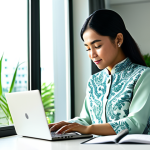 **

A Malaysian woman in a modest baju kurung, working on a laptop at a desk in a bright, modern office with plants. Sunlight streams in through the window. Fully clothed, appropriate attire, safe for work, perfect anatomy, natural proportions, professional, family-friendly, high quality.

**