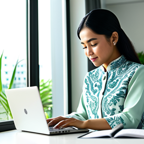 **

A Malaysian woman in a modest baju kurung, working on a laptop at a desk in a bright, modern office with plants. Sunlight streams in through the window. Fully clothed, appropriate attire, safe for work, perfect anatomy, natural proportions, professional, family-friendly, high quality.

**