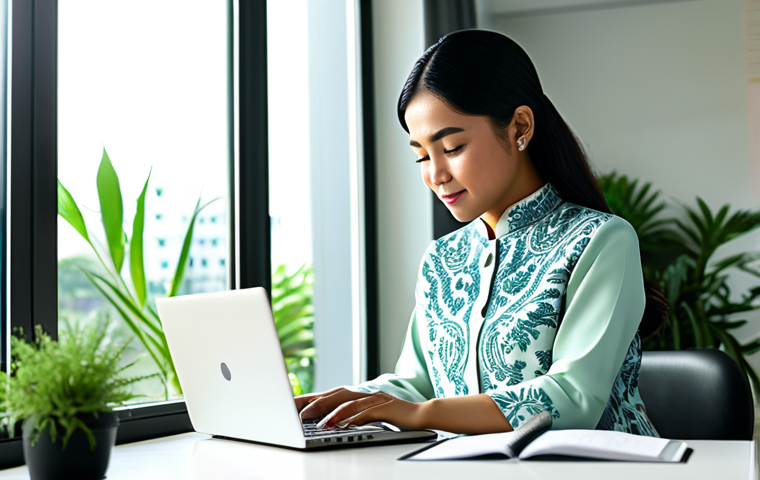 **

A Malaysian woman in a modest baju kurung, working on a laptop at a desk in a bright, modern office with plants. Sunlight streams in through the window. Fully clothed, appropriate attire, safe for work, perfect anatomy, natural proportions, professional, family-friendly, high quality.

**